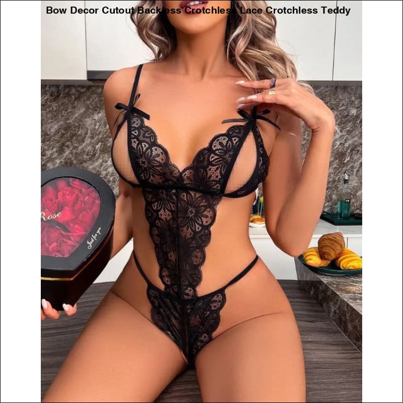 Bow Decor Cutout Backless Crotchless Lace Crotchless Teddy