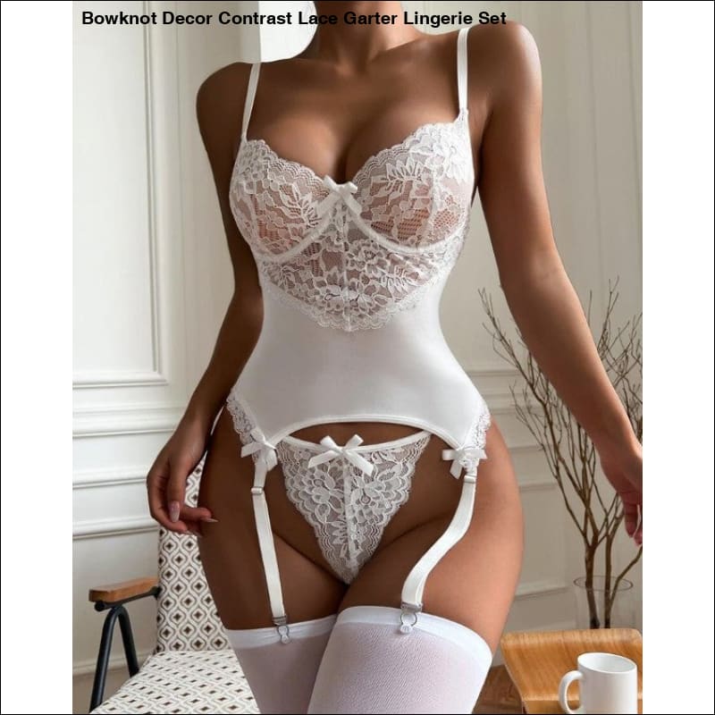 Bowknot Decor Contrast Lace Garter Lingerie Set