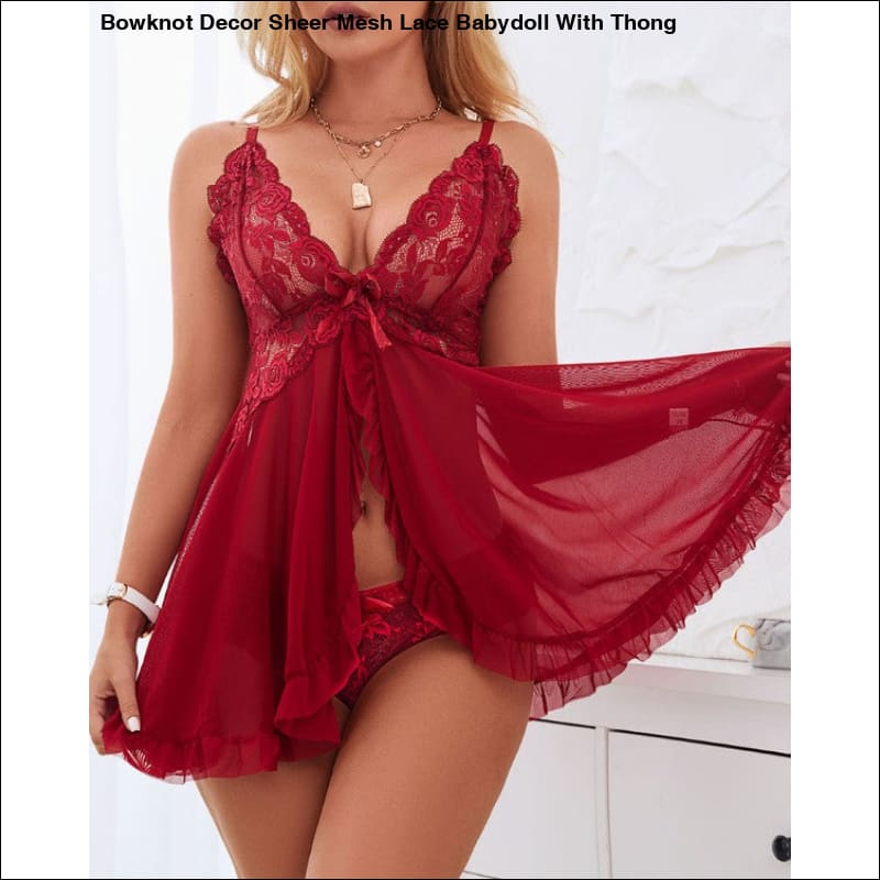 Bowknot Decor Sheer Mesh Lace Babydoll With Thong