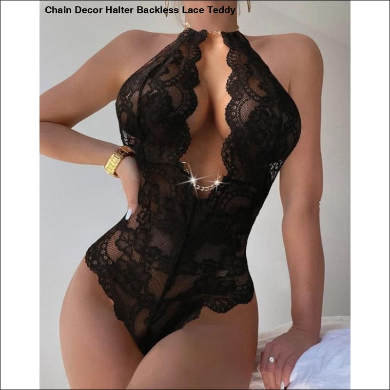 Chain Decor Halter Backless Lace Teddy