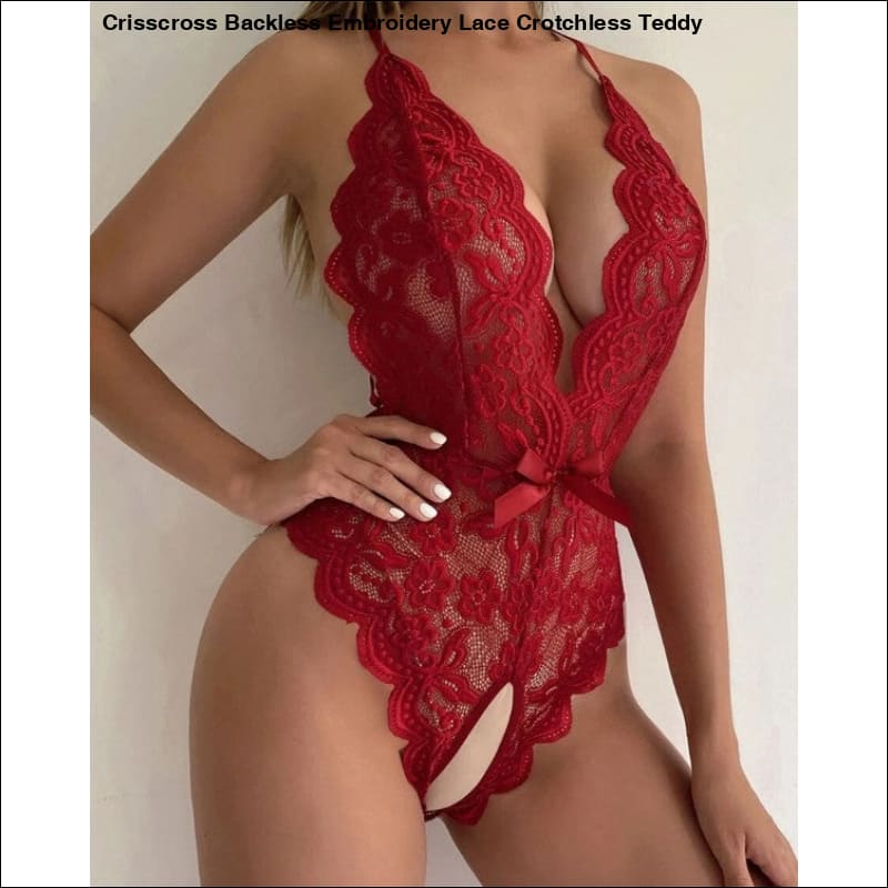 Crisscross Backless Embroidery Lace Crotchless Teddy