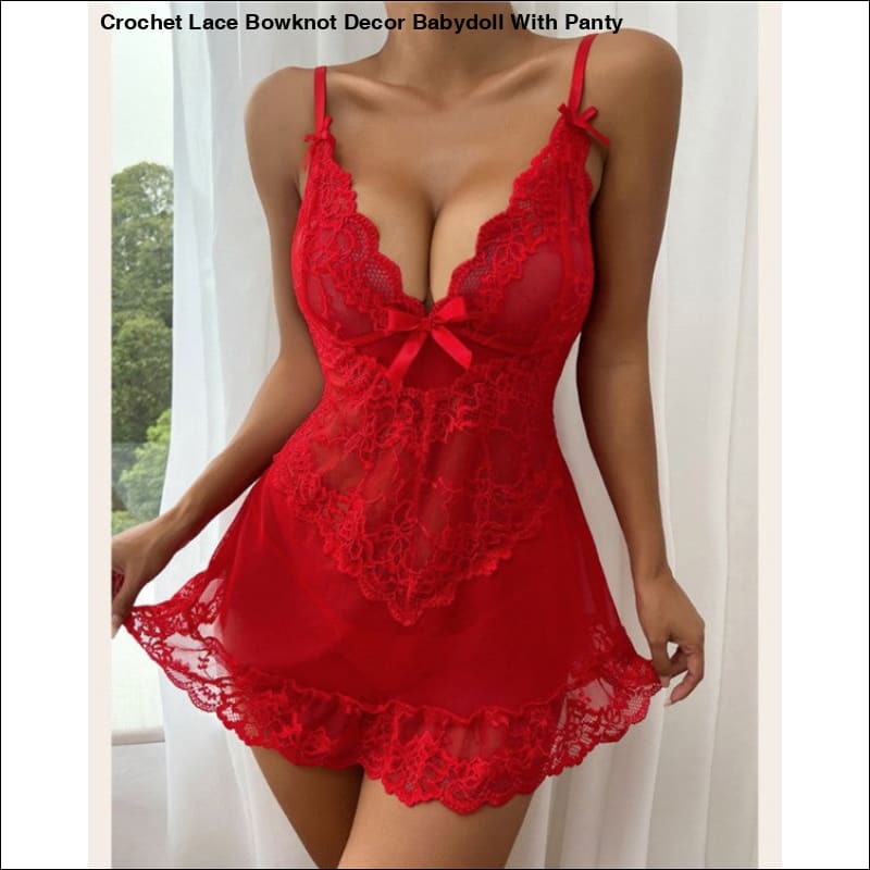 Crochet Lace Bowknot Decor Babydoll With Panty