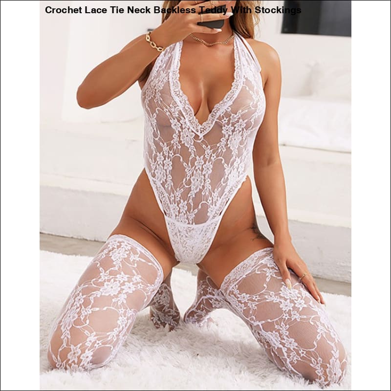 Crochet Lace Tie Neck Backless Teddy With Stockings