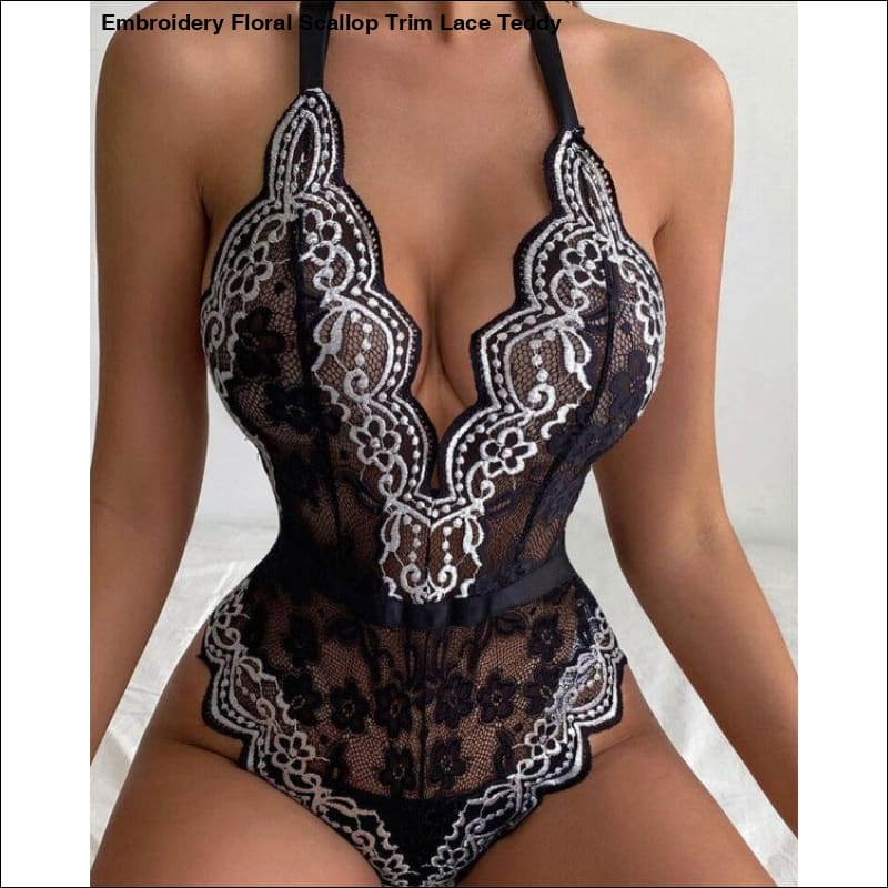 Embroidery Floral Scallop Trim Lace Teddy