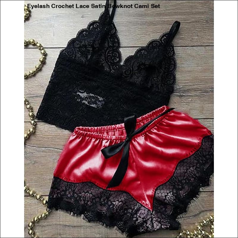 Eyelash Crochet Lace Satin Bowknot Cami Set