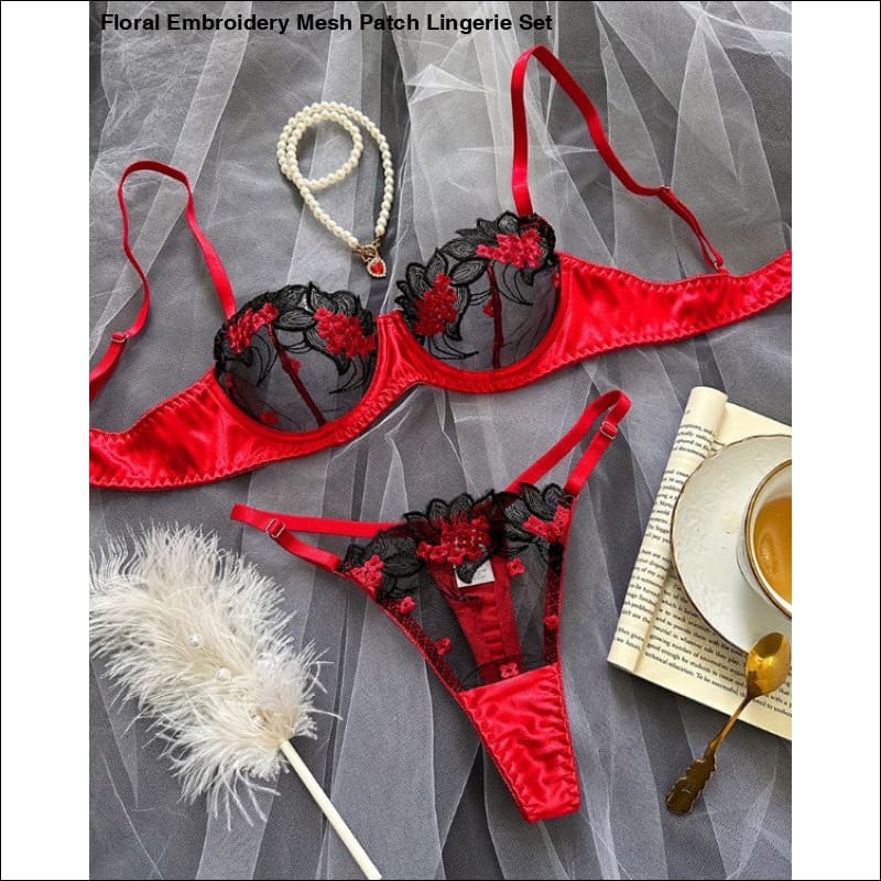 Floral Embroidery Mesh Patch Lingerie Set