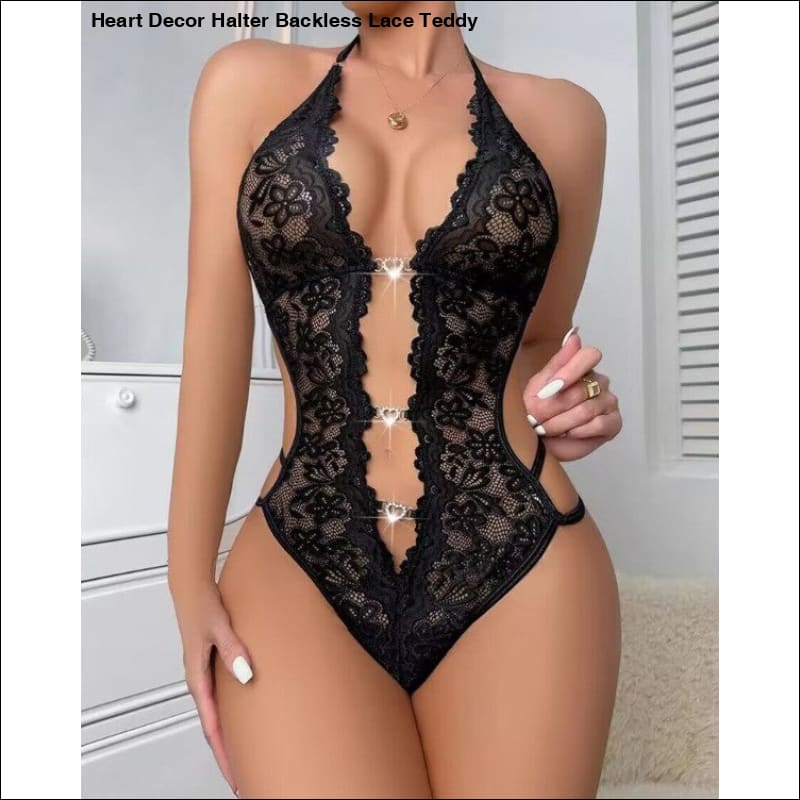 Heart Decor Halter Backless Lace Teddy